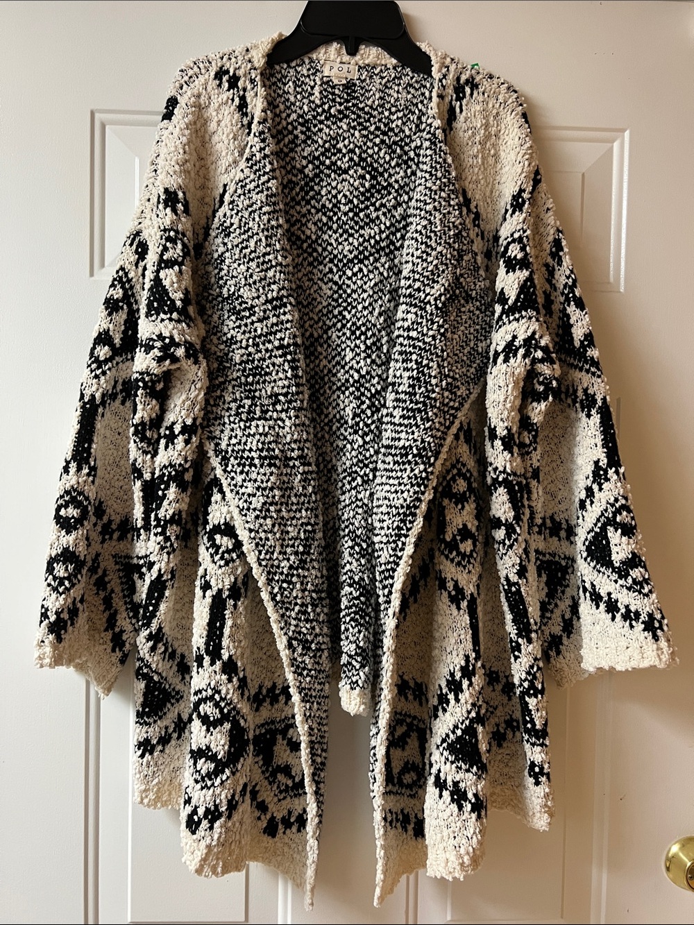 POL Cozy Open-Front Knit Cardigan Sweater - Cream & Black Aztec